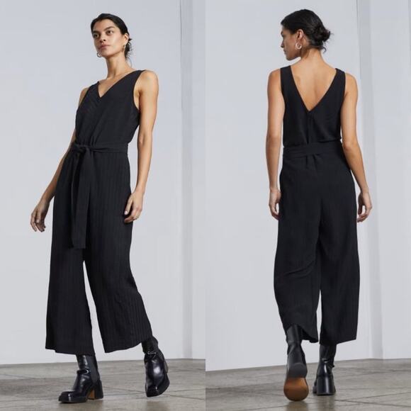 Everlane City Stripe Jumpsuit Sleveless Crop Wide Leg Black Women 00 NWT - Picture 1 of 14